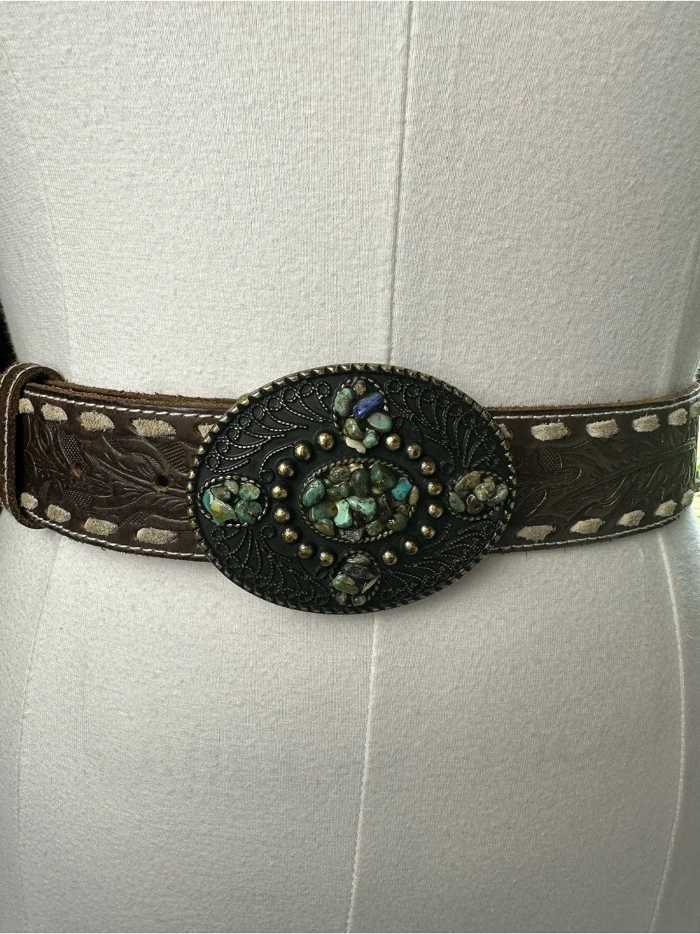 Brown Western Embossed Leather Belt with Decorative Oval Buckle